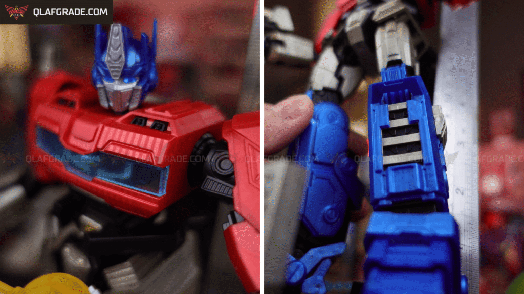 Detail motif garis bernuansa mekanikal pada bagian dada, bahu, dan kaki Optimus Prime.